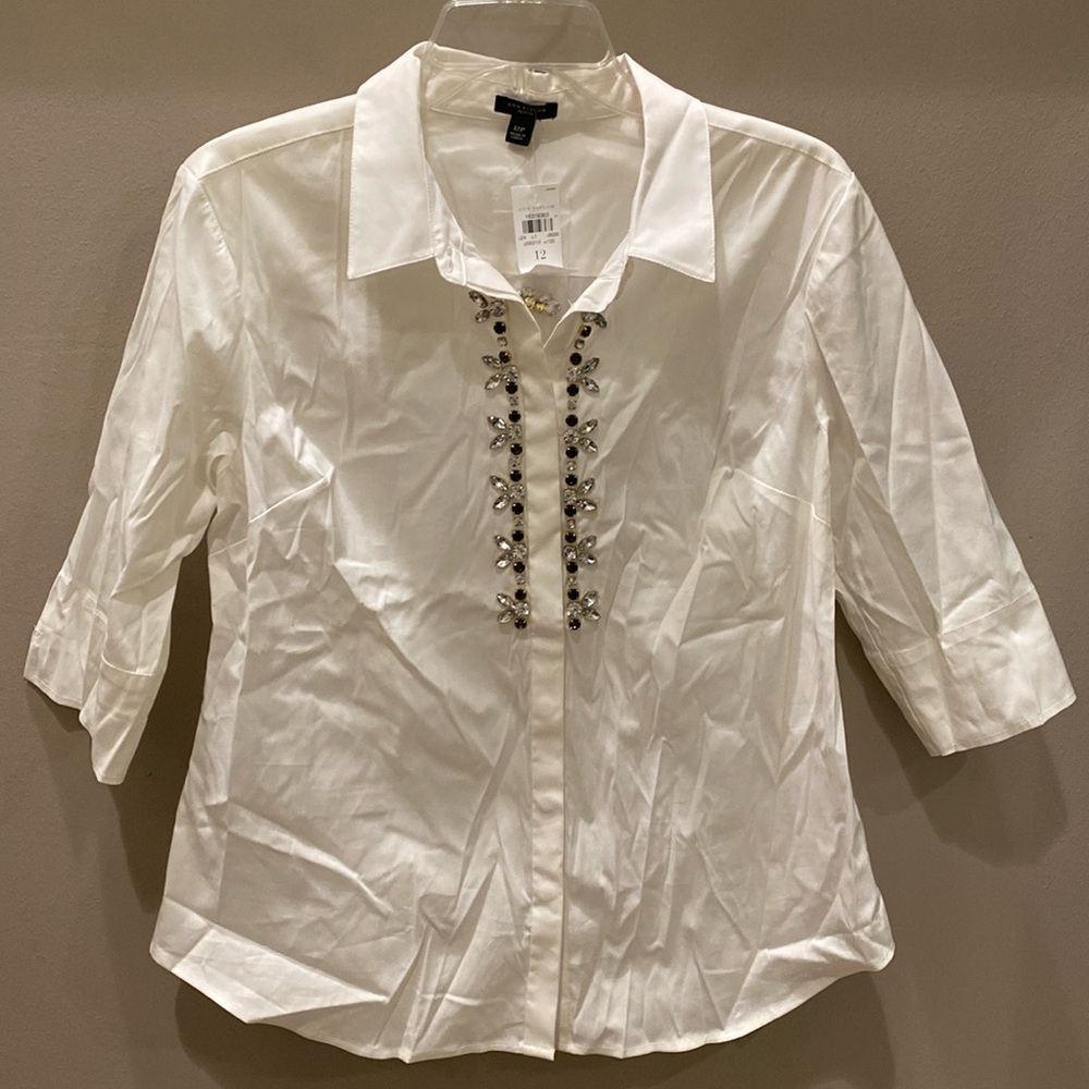 Ann Taylor Bejeweled White Button-Up Top Size 12P